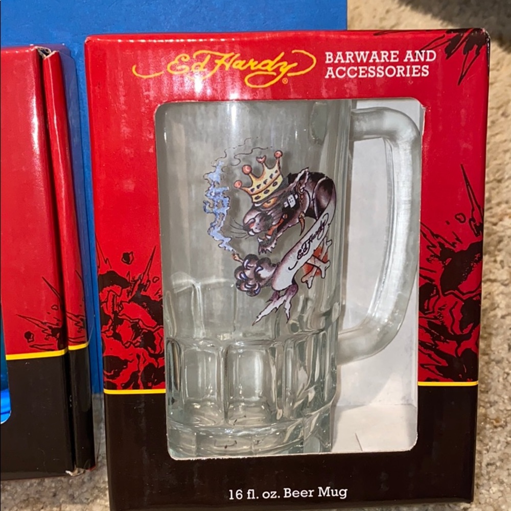 Ed Hardy 4 shot glasses and 16 oz beer mug